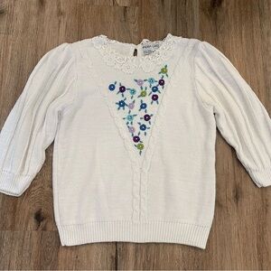 Vtg Cream Sweater Women S Peter Pan Crochet Collar Floral Embroidery Cottagecore